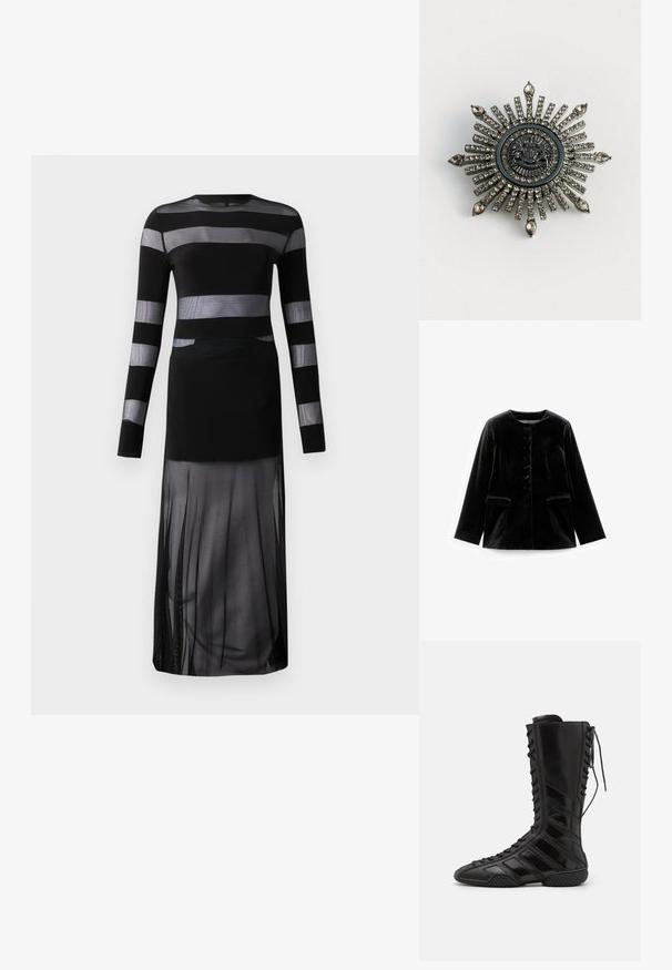 Zwarte fluwelen lange mouwen jacket met ronde halslijn, knoopsluiting en twee klepzakken op taille, plat weergegeven op een witte achtergrond.; Zwart lang mouwend dress met doorschijnende horizontale strepen, een aansluitend lijfje en een vloeiende doorschijnende rok met een splitontwerp. Lichtgewicht stof.; Zwarte hoge laarzen van glanzend synthetisch materiaal, met een ingewikkeld vetersluiting ontwerp en diagonale streepaccenten aan de zijkanten.; Stervormige broche van zilverkleurig metaal met transparante rhinestones. Het centrale ontwerp heeft een ronde embleem met complexe details.