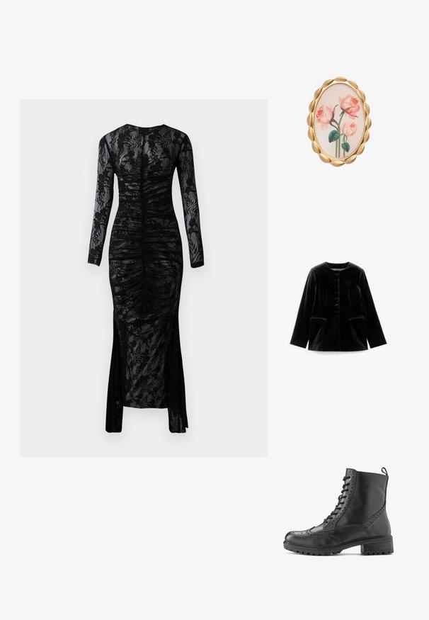 Zwarte fluwelen lange mouwen jacket met ronde halslijn, knoopsluiting en twee klepzakken op taille, plat weergegeven op een witte achtergrond.; Zwart langarmige jurk met een getailleerde silhoutte, gerimpeld materiaal en een bloemenkant overlay. Heeft een split aan de onderkant voor extra detail.; Zwarte leren enkellaars met brogue details, vetersluiting, robuuste zool en een lusje bij de hiel voor gemakkelijk aan- en uittrekken.; Ovale broche met een goudkleurige geribbelde rand, voorzien van een florale afbeelding van roze rozen op een lichte achtergrond. Gladde textuur en gedetailleerde graphics.
