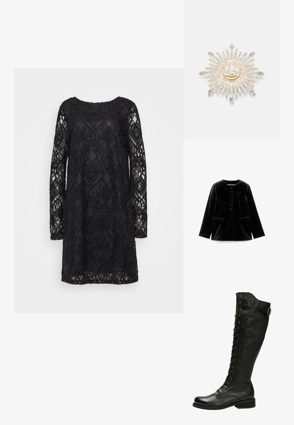 Schwarze Samt-Jacke mit langen Ärmeln, rundem Ausschnitt, Knopfverschluss und zwei Klappentaschen auf Taillenhöhe, flach auf weißem Hintergrund präsentiert.; Schwarzes Spitzenkleid mit geometrischem Muster, langen Ärmeln und Rundhalsausschnitt, mit transparenter Textur und fester Unterlage.; Schwarze Leder-Knöchelstiefel mit Schnürung vorne, silbernen Ösen und seitlichem Schnallenverschluss. Verfügt über eine strukturierte Oberfläche und einen gestapelten Absatz.; Silberne Brosche mit einem Sonnenstrahlen-Design, verziert mit klaren Rhinestones und einem goldakzentuierten, kreisförmigen Zentrum mit einem Emblem.
