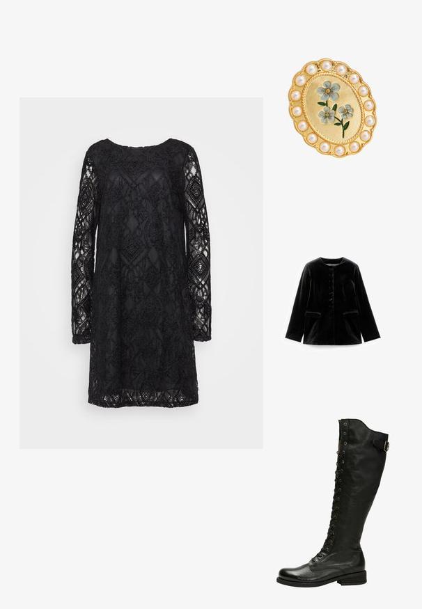 Zwarte fluwelen lange mouwen jacket met ronde halslijn, knoopsluiting en twee klepzakken op taille, plat weergegeven op een witte achtergrond.; Zwarte kanten jurk met een geometrisch patroon, lange mouwen en een ronde halslijn, met een doorzichtige textuur en een vaste onderlaag.; Zwarte leren kniehoog laars met vetersluiting aan de voorkant, zilveren oogjes en een bucklet aan de zijkant. Heeft een gestructureerde afwerking en een gestapelde hak.; Gouden ovale broche met blauwe emaillen bloemen in het midden, omringd door een rand van ronde witte parels.