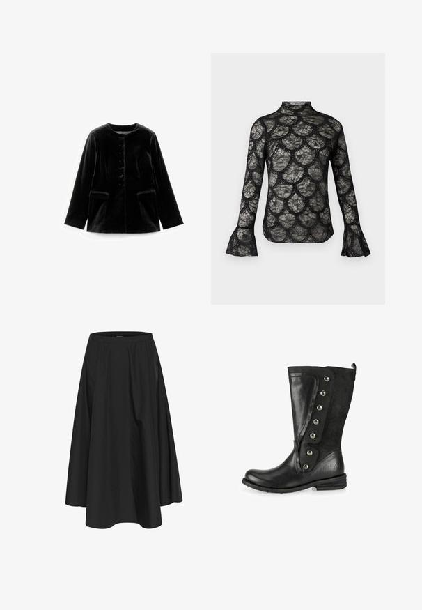 Veste en velours noir à manches longues avec col rond, fermeture à boutons et deux poches à rabat à la taille, présentée à plat sur un fond blanc.; Haut en dentelle noire avec col montant et manches longues évasées, présentant un motif festonné sur tout le tissu.; Jupe noire mi-longue avec une taille élastique, dotée de plis pour plus de volume et d'une texture lisse. Design simple et classique sans embellissements.; Bottes noires montantes en cuir et suède. Elles disposent de boutons métalliques sur le côté, d'un bout rond et d'un petit talon empilé.