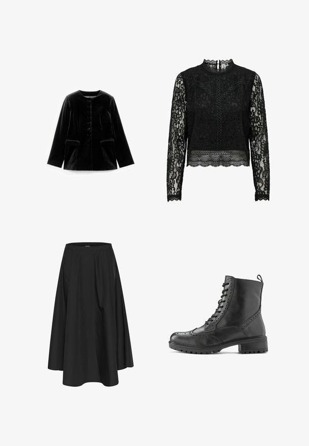 Mustmust musta pikad varrukad jakker ümara kaela, nööbiga kinni minek ja kaks flapi taskut vöökohal, esitletud tasapinnal valgel taustal.; Must have musternine pikkade varrukatega särk, mis on kaunistatud kõrge kaeluse, keerukate lillemustriga, lainelise ääre ja selja nööbiga kinnitusdetailiga.; Mustamata põlvpikkune seelik, millel on elastne vöökoht, pleegitud volüümiga ja sile tekstuur. Lihtne, klassikaline disain ilma kaunistusteta.; Mustast nahast pahkluu saabas brogue-detailidega, paeltega kinnituv, robustse tallaga ja kannal tõmbenööriga, mis lihtsustab jalga panemist.