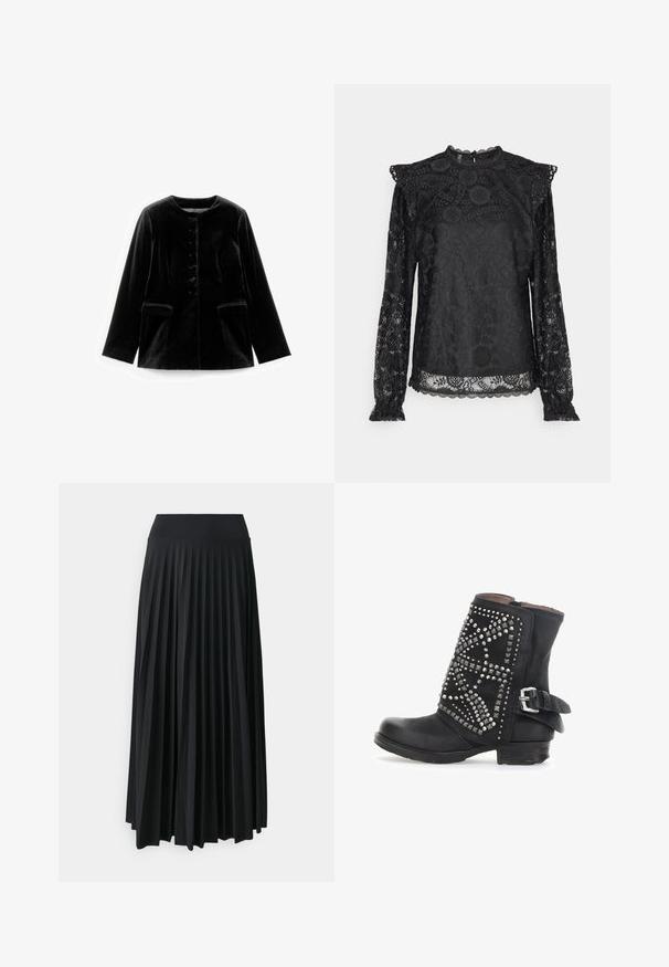 Zwarte fluwelen lange mouwen jacket met ronde halslijn, knoopsluiting en twee klepzakken op taille, plat weergegeven op een witte achtergrond.; PIECES Tall PCOLLINE - Blouse - black; Plisséd zwarte maxi-rok met een brede elastische tailleband. Gemaakt van zachte, vloeiende stof, met verticale plooien voor extra textuur.; Zwarte enkelboots met een ronde neus, versierd met zilveren studs in een decoratief patroon en een verstelbare riem met een gesp. Platte hak.