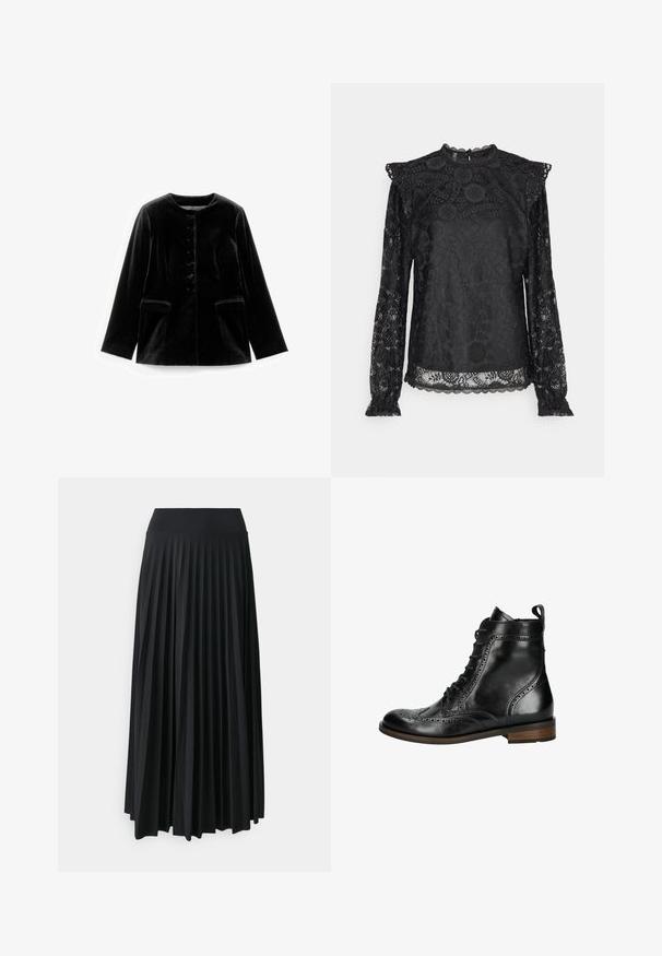 Chaqueta de terciopelo negra de manga larga con cuello redondo, cierre de botones y dos bolsillos de solapa en la cintura, exhibida plana sobre fondo blanco.; PIECES Tall PCOLLINE - Blusa - black; Falda maxi negra con pliegues y cinturilla elástica ancha. Fabricada con un tejido suave y fluido, presenta pliegues verticales para añadir textura.; Botas de cuero negras hasta el tobillo con detalles de brogue, cierre de cordones en la parte frontal, punta redonda, tacón plano y un acento de suela de madera marrón.