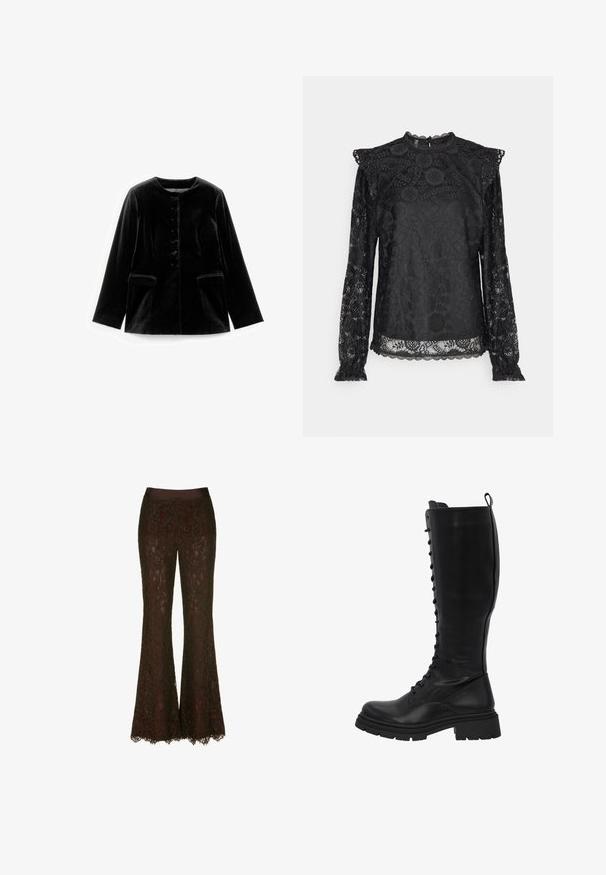 Chaqueta de terciopelo negra de manga larga con cuello redondo, cierre de botones y dos bolsillos de solapa en la cintura, exhibida plana sobre fondo blanco.; PIECES Tall PCOLLINE - Blusa - black; Pantalones acampanados de encaje en un profundo color burdeos, con una suave cinturilla de satén y un delicado patrón de encaje floral, con detalles de dobladillo en forma de onda.; Las botas de cuero negro hasta la rodilla presentan un frente con cordones, una suela resistente con estrías y un eje ancho para un uso cómodo.