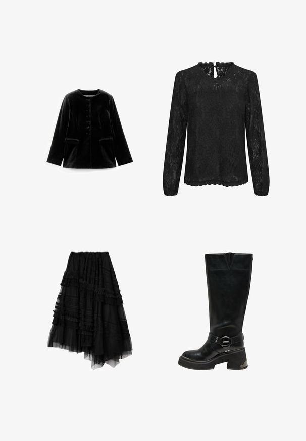 Zwarte fluwelen lange mouwen jacket met ronde halslijn, knoopsluiting en twee klepzakken op taille, plat weergegeven op een witte achtergrond.; Zwarte kanten blouse met lange mouwen, een ronde halslijn, een gekartelde zoom en een keyhole-detail aan de achterkant. Fijne bloemenpatroon door het hele kledingstuk.; Zwarte asymmetrische gelaagde rok met kant- en ruchesdetails, gemaakt van doorschijnende en effen stoffen panelen.; Zwarte leren kniehoogte laars met een stevige blokhak, zilveren ringdetail op de enkelband en metalen accent aan de hielzijde.