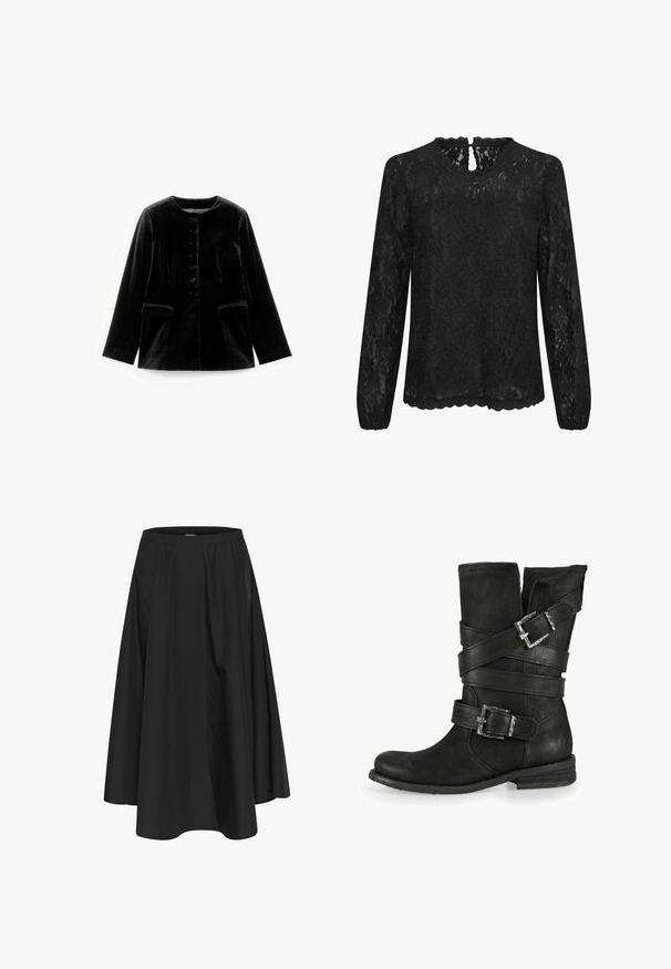 Chaqueta de terciopelo negra de manga larga con cuello redondo, cierre de botones y dos bolsillos de solapa en la cintura, exhibida plana sobre fondo blanco.; Blusa de encaje negro de manga larga con escote redondo, dobladillo festoneado y detalle de ojal en la parte trasera. Patrón floral delicado en toda la prenda.; Falda negra hasta la rodilla con cintura elástica, con pliegues para dar volumen y una textura suave. Diseño simple y clásico sin adornos.; Bota de cuero negro hasta el tobillo con correas y hebillas decorativas. Textura desgastada con punta redonda y tacón bajo apilado.