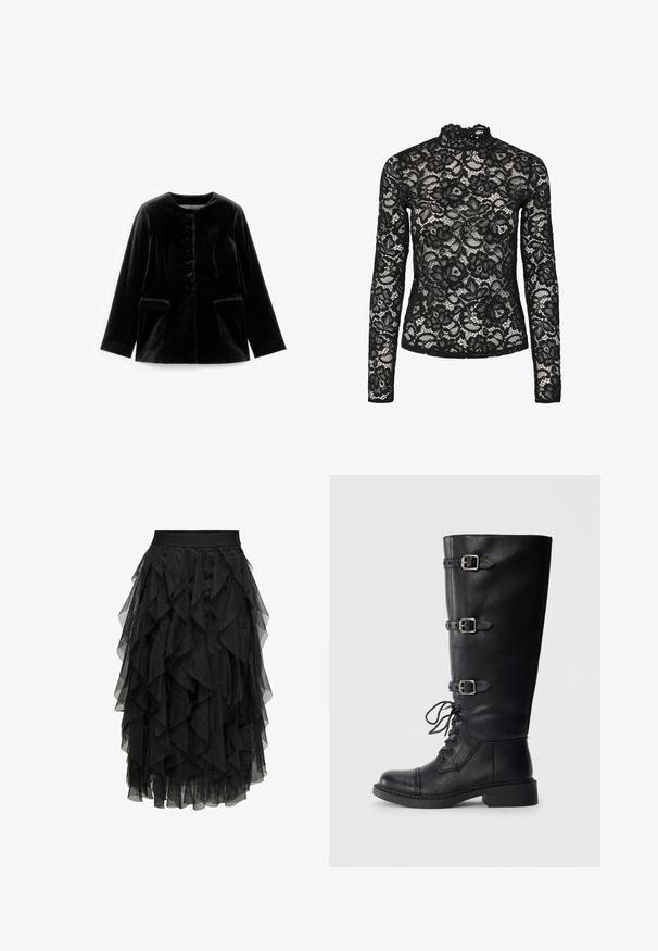 Veste en velours noir à manches longues avec col rond, fermeture à boutons et deux poches à rabat à la taille, présentée à plat sur un fond blanc.; Haut en dentelle noire à manches longues avec col haut agrémenté d'une bordure à volants, motifs floraux et texture transparente. Conçu pour un ajustement près du corps.; Jupe noire en tulle superposé avec un design à volants. Elle dispose d'une taille élastique. Le tissu transparent ajoute de la texture et du mouvement.; Bottines en cuir noir, hautes jusqu'au genou, avec un laçage sur le devant, trois accents de boucles, un bout rond et un petit talon carré. Texture lisse avec une finition mate.