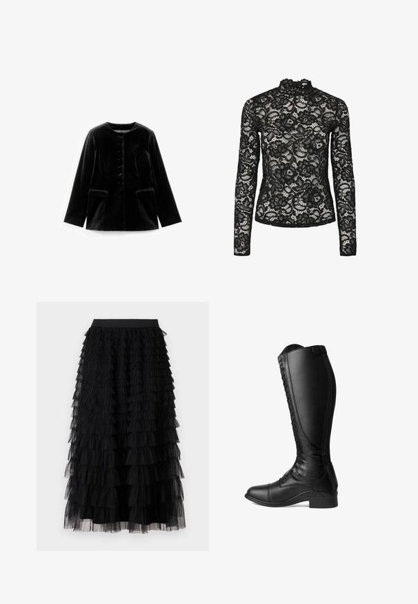 Zwarte fluwelen lange mouwen jacket met ronde halslijn, knoopsluiting en twee klepzakken op taille, plat weergegeven op een witte achtergrond.; Zwarte kant lange mouwen top met een hoge nek en gerimpelde afwerking, bloemmotieven en een doorschijnende textuur. Ontworpen voor een aansluitende silhouet.; Vero Moda VMNAJA Mid waist Long - Maxirok - black; Zwarte leren rijlaarzen met een hoge schacht, veter sluiting aan de voorkant, een ronde neus en een lage hak. Glad textuur en slank ontwerp.