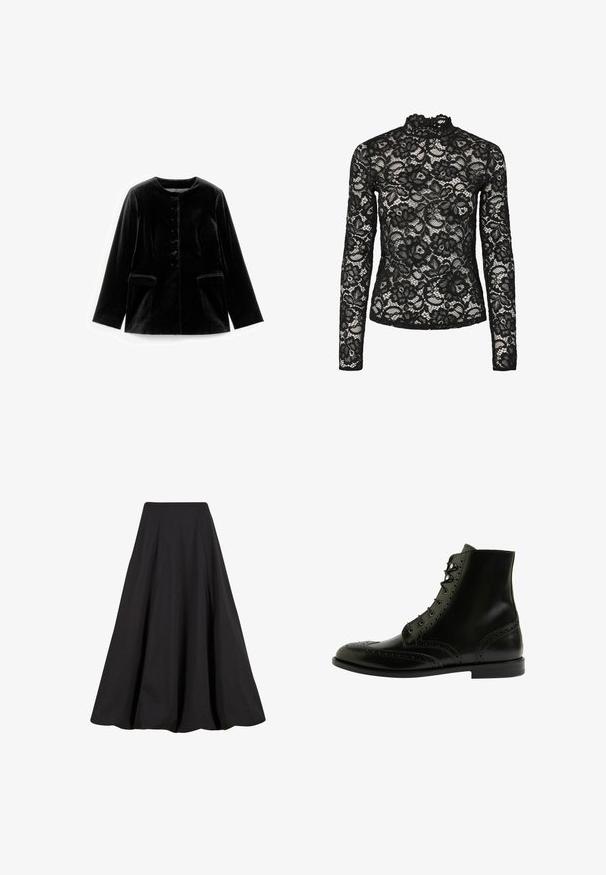 Veste en velours noir à manches longues avec col rond, fermeture à boutons et deux poches à rabat à la taille, présentée à plat sur un fond blanc.; Haut en dentelle noire à manches longues avec col haut agrémenté d'une bordure à volants, motifs floraux et texture transparente. Conçu pour un ajustement près du corps.; Jupe longue noire en tissu lisse, présentant des plis et une taille haute. Le design offre une silhouette fluide et un volume ample.; Bottines en cuir noir avec des détails de brogue, bout rond, lacets à l'avant et une texture lisse avec un talon bas empilé.