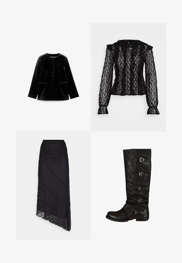 Zwarte fluwelen lange mouwen jacket met ronde halslijn, knoopsluiting en twee klepzakken op taille, plat weergegeven op een witte achtergrond.; Zwarte kanten top met lange mouwen en een getailleerd ontwerp, met ruches op de schouders en manchetten, en een gestructureerd bloemenpatroon overal.; ONLY ONLKIM SLIT - Maxirok - black; Zwarte leren laarzen tot de knie met een gestructureerde afwerking, een getailleerd ontwerp en vijf verstelbare gespbanden aan de zijkant. Platte zool.