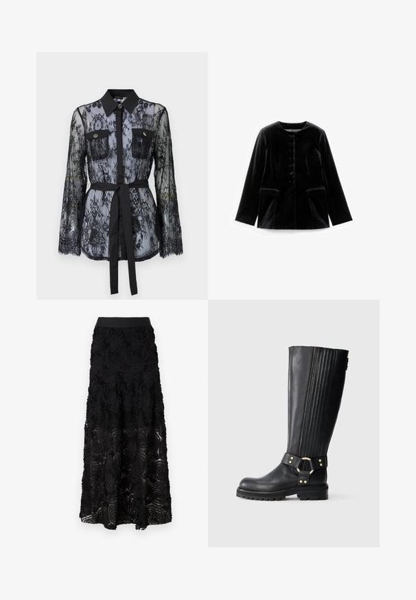 Schwarze Samt-Jacke mit langen Ärmeln, rundem Ausschnitt, Knopfverschluss und zwei Klappentaschen auf Taillenhöhe, flach auf weißem Hintergrund präsentiert.; Schwarze Spitzenbluse mit langen Ärmeln, knöpfbaren Brusttaschen, klassischem Kragen und einem Stoffgürtel, der an der Taille gebunden ist. Transparenter Design.; Maje JOSINO - Maxirock - noir; Schwarze kniehohe Lederstiefel mit elastischen Rippeneinsätzen, Profilsohle und dekorativem Riemen mit goldfarbener Metallring und Nieten.
