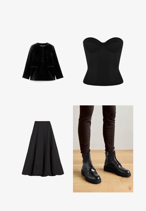 Schwarze Samt-Jacke mit langen Ärmeln, rundem Ausschnitt, Knopfverschluss und zwei Klappentaschen auf Taillenhöhe, flach auf weißem Hintergrund präsentiert.; Schwarzes, trägerloses Korsettoberteil mit strukturierten Cups und tailliertem Schnitt, entworfen für Formgebung und Unterstützung.; Schwarzer, knöchellanger Rock aus glattem Stoff, mit Falten und hoher Taille. Das Design bietet eine fließende Silhouette und reichlich Volumen.; Schwarze LederStiefeletten mit Brogue-Details, Schnürung, seitlichen Reißverschlüssen und strukturierten Gummi-Sohlen. Kombiniert mit dunklen Slim-Fit-Hosen.