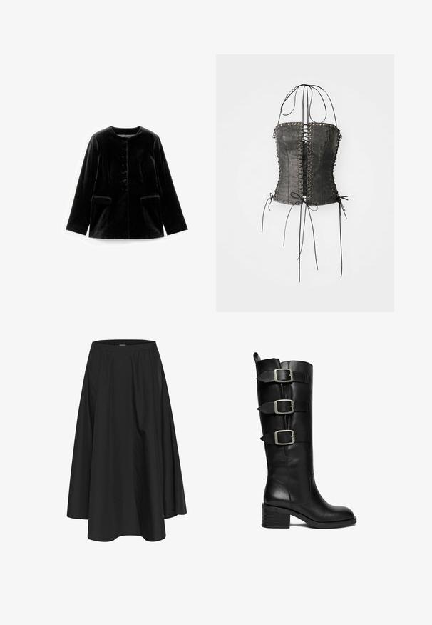 Mustmust musta pikad varrukad jakker ümara kaela, nööbiga kinni minek ja kaks flapi taskut vöökohal, esitletud tasapinnal valgel taustal.; Jaded London LONGLINE LACE UP HALTER CORSET - Topp - black; Mustamata põlvpikkune seelik, millel on elastne vöökoht, pleegitud volüümiga ja sile tekstuur. Lihtne, klassikaline disain ilma kaunistusteta.; Must nahksäärega saabas, millel on kolm reguleeritavat hõbedast pandlat ja madal blokkonts, valgel taustal.