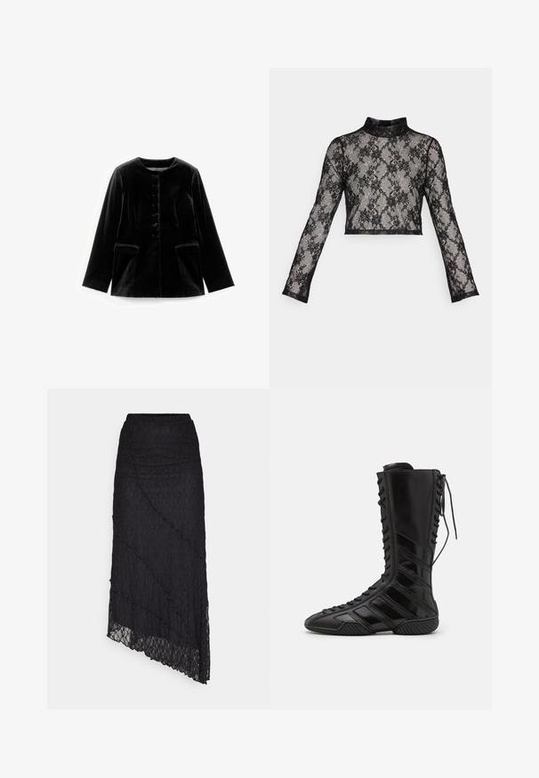 Zwarte fluwelen lange mouwen jacket met ronde halslijn, knoopsluiting en twee klepzakken op taille, plat weergegeven op een witte achtergrond.; ONLY ONLHELENA HIGH NECK LACE - Longsleeve - black; ONLY ONLKIM SLIT - Maxirok - black; Zwarte hoge laarzen van glanzend synthetisch materiaal, met een ingewikkeld vetersluiting ontwerp en diagonale streepaccenten aan de zijkanten.