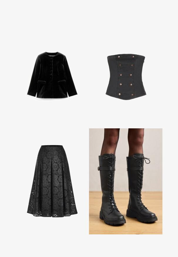 Veste en velours noir à manches longues avec col rond, fermeture à boutons et deux poches à rabat à la taille, présentée à plat sur un fond blanc.; Corset noir sans bretelles avec six paires de boutons décoratifs en cuivre disposés verticalement à l'avant.; Jupe en dentelle noire avec un design plissé, motif floral et coupe mi-longue. Le tissu présente une apparence délicate et texturée.; Bottes montantes en cuir noir, à lacets, avec un design jusqu'au genou, bout rond, semelle épaisse et texturée, et détail décoratif de courroie latérale et quincaillerie.
