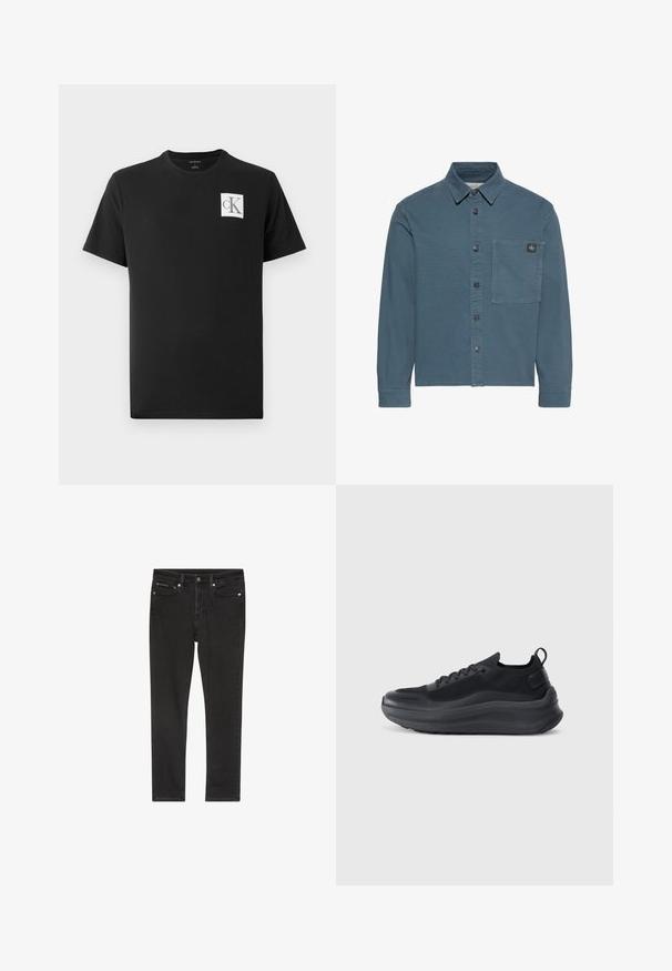 Blaugraues Hemd zum Knöpfen mit langen Ärmeln, Kragen und einer einzelnen Brusttasche mit kleinem schwarzem Logo-Patch.; Schwarzes Baumwoll-T-Shirt mit kurzen Ärmeln und Rundhalsausschnitt. Enthält ein weißes quadratisches Logo mit "CK" in Schwarz auf der linken Brust.; Schwarze Denim-Jeans mit schmaler Passform, ausgestattet mit vier Taschen, einem Metallknopfverschluss und leichten Used-Details. Glatte Textur und klassisches Design.; Schwarzer Sportschuh mit einem Obermaterial aus Mesh, strukturierten Akzenten und einer dicken Gummisohle. Verfügt über eine Zuglasche an der Ferse und ein Schnürdesign.