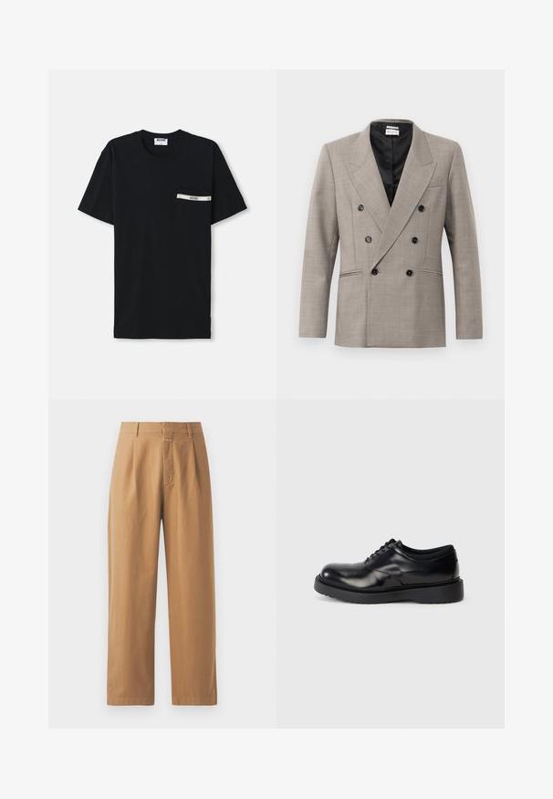 Dobbeltbrystet blazer i lysegrå stof, med et spidsekrave, to frontlommer og sorte knapper til lukning. Foret med sort stof.; Sort bomulds T-shirt med korte ærmer, rund halsudskæring og en venstre lomme med en hvid stribe og logo detalje.; Brune, brede bukser lavet af glat stof. Har høj talje med folder, bæltestropper og en enkelt frontlomme.; Sorte lædersko med snøre, rund toe, glat overflade og en tyk gummisål med subtile riller for bedre greb.