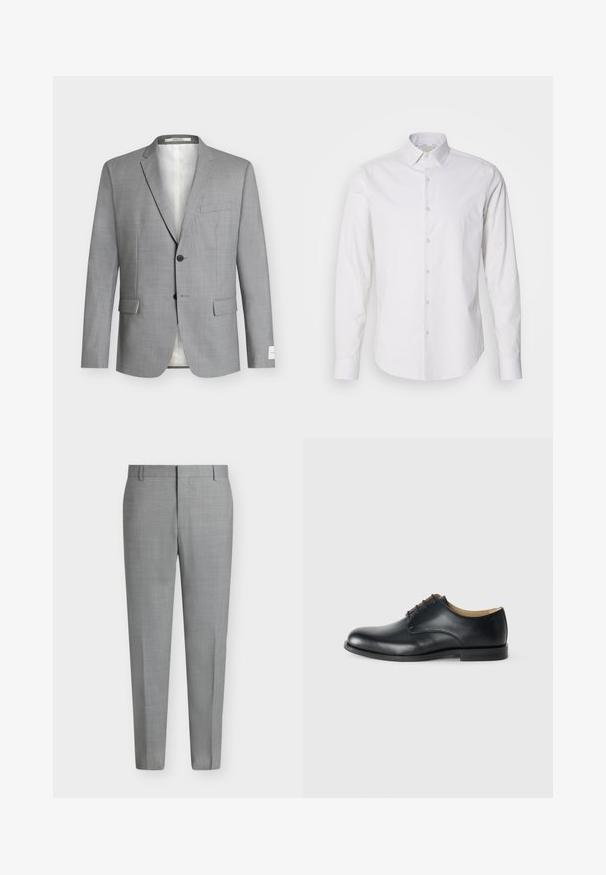 Veste de costume homme gris clair à revers crantés, deux boutons devant, trois poches à rabat et une poche poitrine passepoilée, présentée sur fond blanc.; Chemise blanche à manches longues avec un col pointu, fermeture à boutons à l'avant, en tissu lisse. Présente une texture légèrement rayée.; Pantalon de costume gris clair sur mesure avec passants de ceinture, devant plat et coupe droite sur fond blanc.; Calvin Klein ESS DERBY - Derbies - triple black