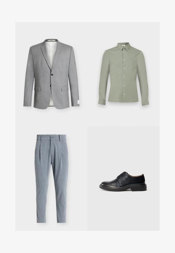 Veste de costume homme gris clair à revers crantés, deux boutons devant, trois poches à rabat et une poche poitrine passepoilée, présentée sur fond blanc.; Chemise à manches longues vert clair avec col boutonné et boutons blancs, présentée sur un fond blanc uni.; Pantalon bleu clair fuselé avec une ceinture élastique, des passants pour ceinture, un bouton à l'avant et des plis de chaque côté.; Chaussure oxford en cuir noir avec un bout rond, un laçage à l'avant et un petit talon empilé, sur fond clair.