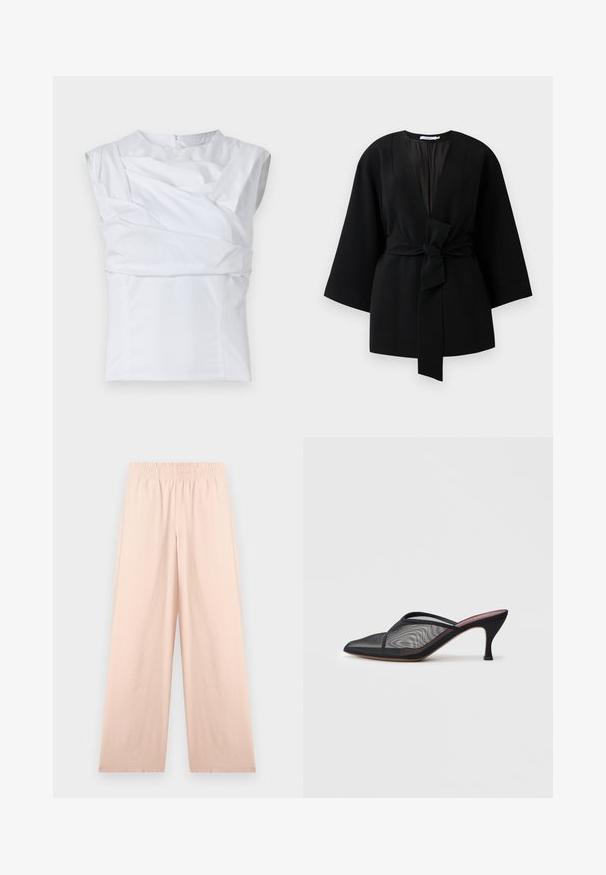 Veste noire à manches longues de style kimono avec de larges manches et une ceinture en tissu à l'avant nouée à la taille.; Haut sans manches blanc avec un design structuré, présentant des détails en tissu drapé et une fermeture éclair dissimulée au dos. Texture douce.; Pantalon beige à jambes larges avec une ceinture élastique, une texture lisse et sans poches apparentes, présenté à plat sur un fond blanc.; Mule en mesh noir avec un bout pointu, de fines lanières et un talon stiletto de 3 pouces. Présente une texture transparente et une semelle tonale solide.