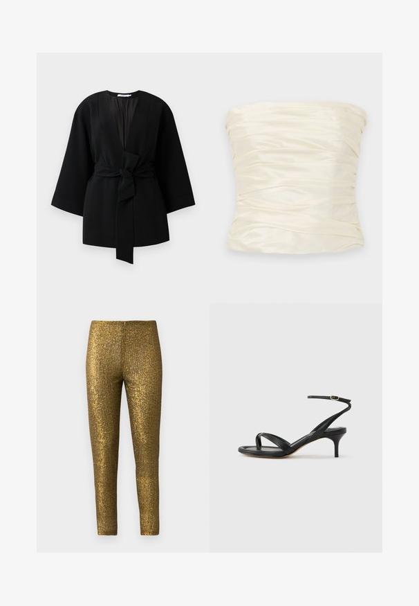 Veste noire à manches longues de style kimono avec de larges manches et une ceinture en tissu à l'avant nouée à la taille.; Haut sans bretelles en satin ivoire, avec une texture froncée et un fini lisse, affichant une silhouette large et structurée.; Leggings métalliques dorés présentant un motif de rayures verticales texturé. Le tissu a une finition brillante et une silhouette slim et ajustée.; Sandale pour femme en cuir noir avec fines lanières, une boucle d'orteil, une boucle à la cheville et un talon aiguille de hauteur moyenne sur un fond neutre.