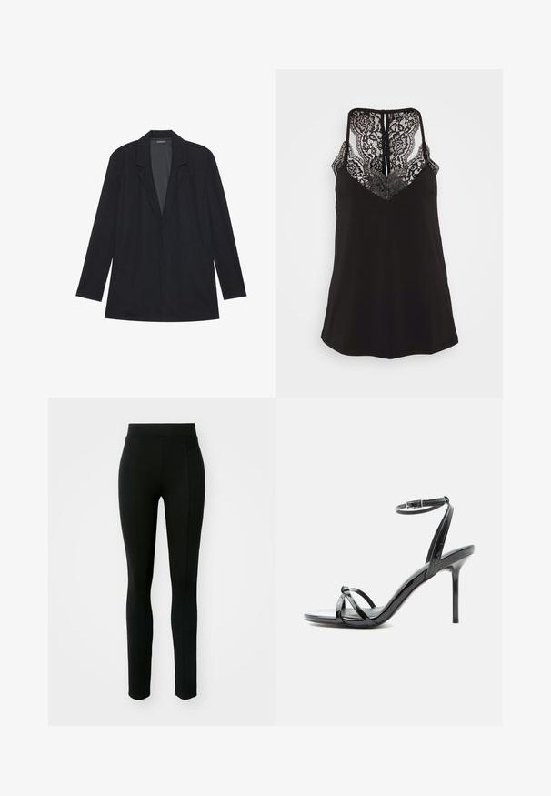 Blazer negro de manga larga con solapas de muesca, dobladillo recto y hombros estructurados, dispuesto sobre un fondo blanco.; Camiseta negra de tirantes con detalles de encaje en el escote en V y la espalda. Presenta tirantes ajustables y una textura de tela suave. Corte regular.; Leggings negros de material elástico, con cintura alta, corte ajustado y dos bolsillos frontales sin costuras visibles.; Sandalia de tacón alto de charol negro con tiras finas que cruzan los dedos y una correa con hebilla en el tobillo sobre un fondo blanco.