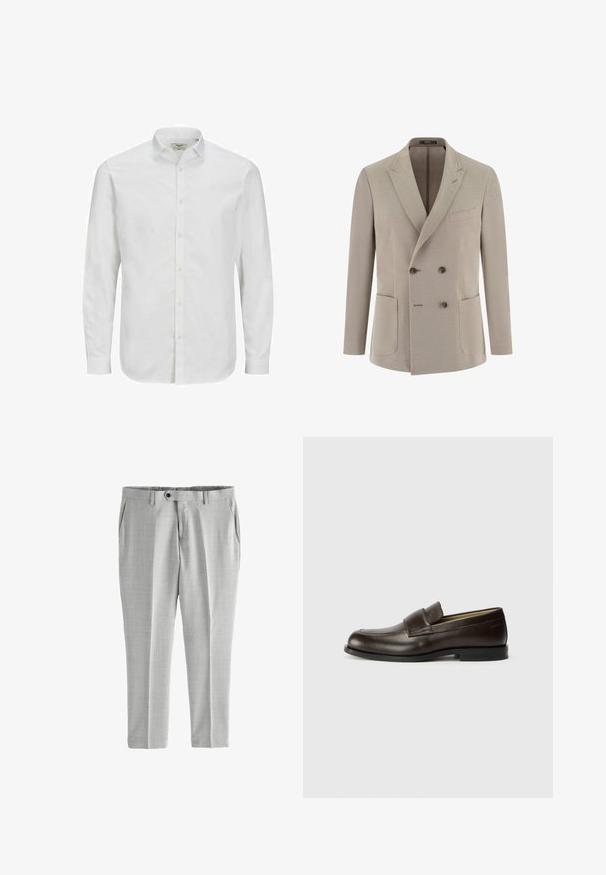 Beige dobbeltradet herreblazer med hakflipper, tre knapper, to frontlommer med klap og en brystlomme med kant.; Hvid, langærmet skjorte med knaplukning lavet af bomuld, med klassisk krave, lige snit og subtil struktur. Standard knaplukning.; Lys grå bukser lavet af glat stof. Har en slim fit, to forlommer og en knaplukning. Subtilt mønster forbedrer teksturen.; Calvin Klein Loafers - cocoa brown
