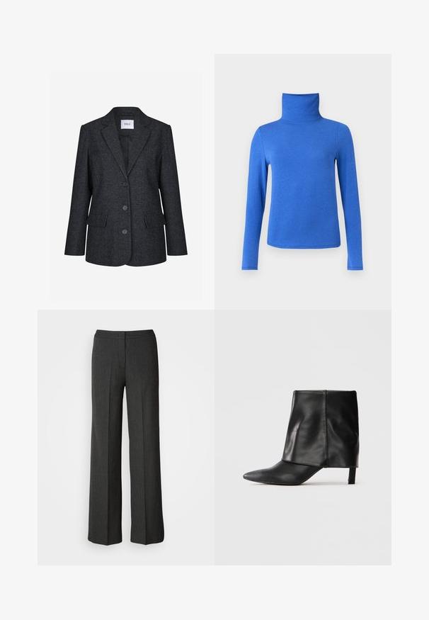 Envii ENCOOT - Blazer - dark grey; Blå langærmet trøje med rullekrave lavet af glat stof, med tætsiddende design, høj krave og lige kant.; Bredde ben bukser i mørkegrå, lavet af struktureret stof. Har en tætsiddende talje og et subtilt nålestribemønster.; Sort læderstøvle til midten af læggen med spids tå, foldet øvre skaft og slank lav hæl, der står på hvid baggrund.