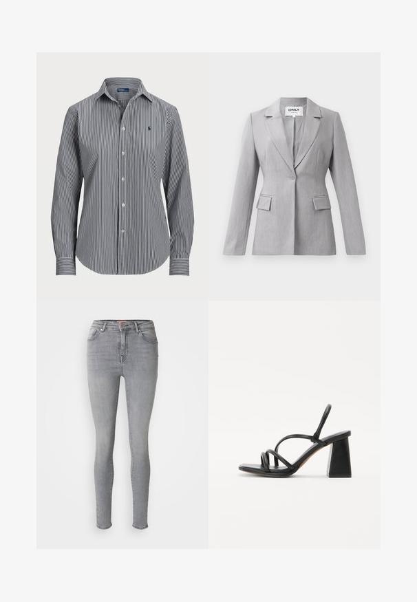Blazer gris en tissu texturé, avec un col cranté, fermeture à un bouton et deux poches avant. Design classique et ajusté.; Chemise à boutons rayée présentant des rayures verticales bleu marine et blanches, manches longues, col pointu et un petit logo sur la poitrine.; Jean skinny en denim gris avec une texture lisse, taille haute, design à cinq poches et fermeture par bouton en métal à l'avant.; Sandale à talon noir avec un talon carré et épais, présentant plusieurs fines lanières sur le dessus du pied et un design à dos ouvert. Texture en cuir lisse.