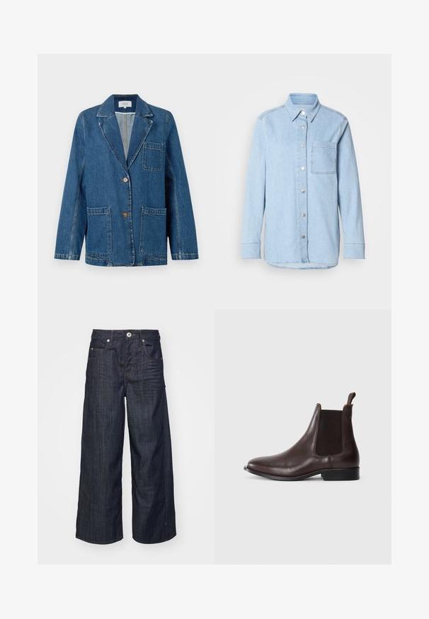 Denimblazer i mørkeblå med hakket revers, to forlommer, enkelt knaplukning og kontrastfyldt orange stikninger. Almindelig pasform.; Lyseblå denimskjorte med knaplukning foran, spids krave, enkelt brystlomme og lange ærmer med knapmanchetter.; Mørkeblå vide jeans i denim med frontlukning med knap og lynlås, bæltestropper og fem lomme-design på en hvid baggrund.; Mørkebrun læder Chelsea-støvle med sorte elastiske sidepaneler og en strop, lav hæl og rund tå på hvid baggrund.
