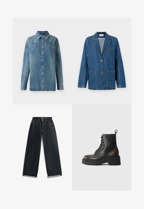 Denimblazer i mørkeblå med hakket revers, to forlommer, enkelt knaplukning og kontrastfyldt orange stikninger. Almindelig pasform.; Blå denim skjorte med lange ærmer, trykknapper, spids krave og rhinsten-detaljer langs bærestykke og kravekanter.; Mørkeblå jeans med vide ben og opkørte kanter, fem-lomme-design og kontrasterende orange syninger på hvid baggrund.; Sorte læder ankelstøvler med snørebånd, tyk sort sål og en løkke bagpå, prydet med præget mærkenavn på hælen.