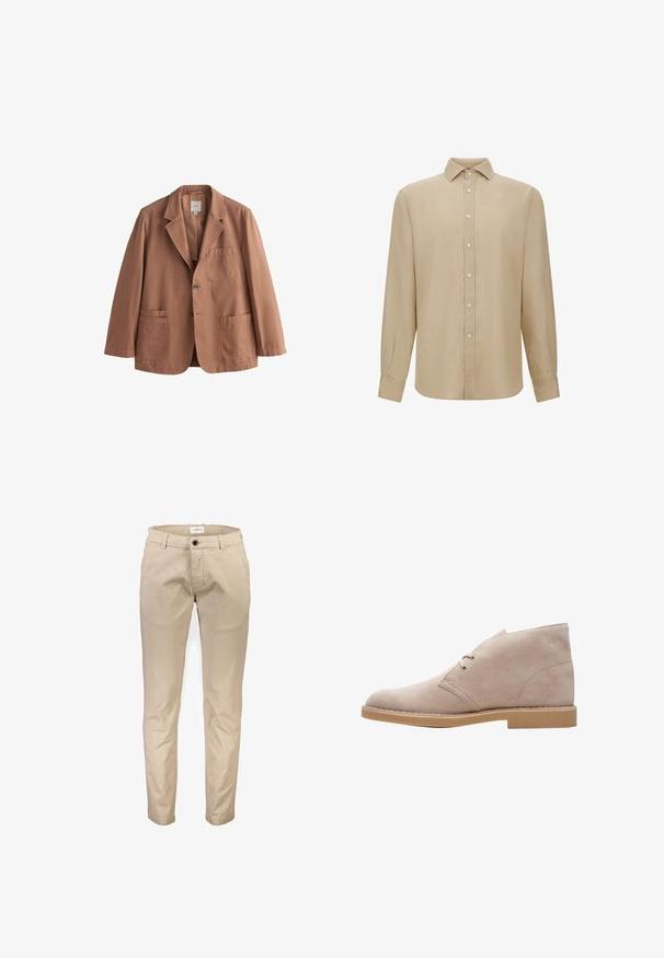 Brun enkeltkneppet blazer med notchslabel, tre lappelommer og to knapper, vist på en ensfarvet hvid baggrund.; Beige langærmet skjorte lavet af letvægtsstof. Har en knappet front, spidse kraver og manchetter. Glat tekstur.; Beige bomuldsbukser med lige ben, der har frontlommer, lynlås og en enkelt knaplukning. Glat tekstur, uden mønstre.; Beige ruskinds ankelstøvle med rund tå, to snøreåbninger og en lav tan gummisål. Har en glat tekstur og minimal syningsdetalje.