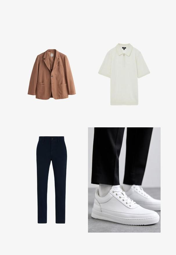 Brun enkeltkneppet blazer med notchslabel, tre lappelommer og to knapper, vist på en ensfarvet hvid baggrund.; Zip-neck polo shirt i cremefarve, lavet af blødt stof, med en spids krave, korte ærmer og en lige kant.; Marineblå chinos lavet af et blødt, holdbart stof. Har knappelukning, bæltestropper og en lige ben-design. Ingen synlige mønstre.; Hvide lædersneakers med en flad gummisål, der har en glat overflade, rund tå og metaløjer til snørebånd. Bæret med sorte bukser.