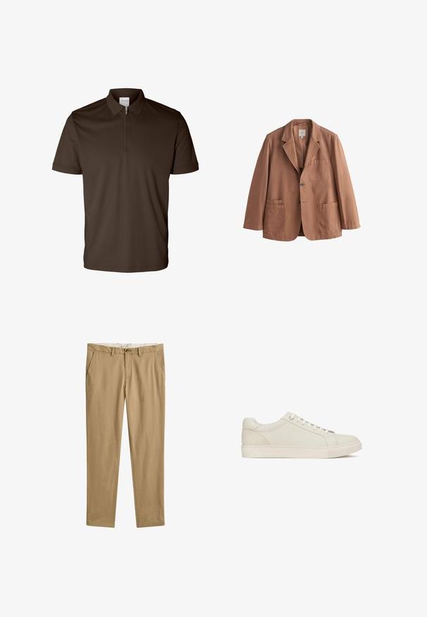 Brauner einreihiger Blazer mit Revers mit Kerbe, drei aufgesetzten Taschen und zwei Knöpfen, dargestellt auf weißem Hintergrund.; Dunkelbraunes Poloshirt mit kurzen Ärmeln, einem Kragen und halbem Reißverschluss vorne, dargestellt auf weißem Hintergrund.; Beige, gerade geschnittene Freizeithosen mit Gürtelschlaufen, vorderem Knopf- und Reißverschluss sowie Seitentaschen, Vorderansicht.; Minimalistischer weißer Sneaker mit niedrigem Schnitt, Schnürverschluss, "kazar"-Logo an der Seite und flacher Gummisohle.