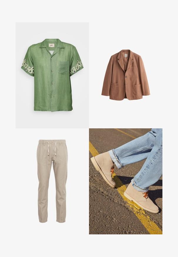 Bruine enkelrijige blazer met inkeping revers, drie opgestikte zakken en twee knopen, getoond op een effen witte achtergrond.; Korte mouwen groene linnen shirt met een knoopsluiting aan de voorkant, een opgestikt zakje en een ingewikkeld crèmekleurig spiraalpatroon op de mouwen. Lichtgewicht en ademend materiaal.; Beige lichtgewicht broek met een elastische tailleband, trekkoord en taps toelopende pijpen die eindigen in elastische boorden. Eenvoudige, gladde stoftextuur.; Beige suède enkellaarsjes met oranje veters, ronde neus en een lichte rubberen zool, gecombineerd met opgerolde lichtblauwe denim jeans.