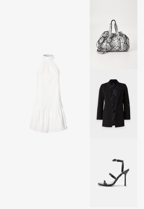 Zwarte op maat gemaakte blazer met lange mouwen, gelopte revers, voorkzakken en een satijnen voering. Bevat gouden accenten op de knopen van de mouwen.; Witte katoenen halterjurk met een geraffineerde halslijn en een uitlopende rijgzoom. Soepele textuur, mouwloos ontwerp en jurk die tot de knie reikt.; Zwarte gepatineerde leren hoge hak sandalen met drie horizontale banden en een verstelbare enkelband. Slanke silhouette en glanzende afwerking.; Zwart-wit handtas met slangenhuidpatroon, voorzien van twee handvaten, een trekkoordsluiting en een afneembare schouderriem. Hanteert een gladde textuur.