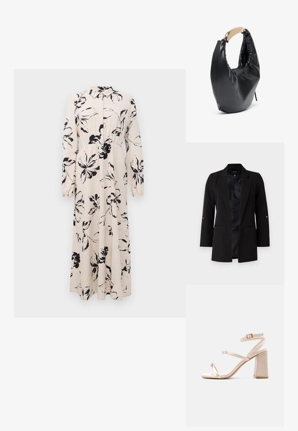 Sort skræddersyet blazer med lange ærmer, spidse klapper, frontlommer og et satinfor. Har guld accenter på ærmeknapperne.; Lang beige kjole med sort blomstret tryk, lange ærmer, samlet talje og krave med knaplukning foran.; Beige højhælet sandal med blokhæl, tynd tårem med en lille sløjfe og en ankelrem med spænde i guld.; Sort faux læder håndtaske med en buet silhuet. Har et skinnende guldtonet håndtag og samlet tekstur langs topåbningen.