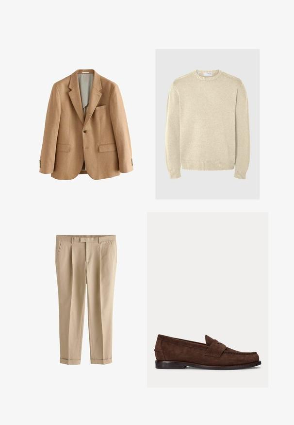 Blazer beige de un solo botón con solapas con muesca, dos bolsillos frontales con solapa, un bolsillo en el pecho y puños con cuatro botones, mostrado sobre un fondo blanco.; Suéter de punto beige claro con cuello redondo, mangas largas, puños y dobladillo acanalados. Textura suave con un patrón de grosor medio.; Pantalones beige a medida con bolsillos laterales, trabillas para cinturón, cremallera frontal y bajos con puños, diseñados para un ajuste entallado y formal.; Zapato tipo loafer de ante marrón con tacón bajo y costuras visibles en la punta, el lateral y la parte trasera, mostrado sobre un fondo claro y liso.
