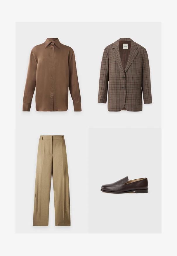 Bruine geruite blazer met twee knopen, een reverskraag met inkeping en een borstzak, aan de binnenkant gevoerd met een gladde donkerbruine stof.; Bruine overhemd met lange mouwen en knopen, voorzien van een spitse kraag en manchetten, op een eenvoudige witte achtergrond weergegeven.; Beige brede pantalon met ceintuurlussen, voorvouw en subtiele details aan de zijkant, frontaal getoond tegen een effen achtergrond.; Bruine leren instappers met een gladde textuur, ronde neus, lage betreft hiel en minimale stikdetails, tegen een witte achtergrond.