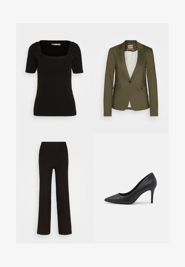 Olivgrüner Blazer mit notch-Kragen, Ein-Knopf-Verschluss, zwei vorderen Taschen und einem strukturierten, hellen Innenfutter.; Schwarzes Kurzarm-Oberteil mit quadratischem Ausschnitt. Aus weichem, dehnbarem Stoff gefertigt. Verfügt über saubere Nähte und eine figurbetonte Silhouette.; Schwarze, weite Hose aus glattem Stoff mit einem anliegenden hohen Bund und ohne sichtbare Hardware oder Muster.; Schwarze Leder-Pumps mit hohen Absätzen, spitz zulaufender Zehenform und elegantem Design. Der Schuh hat eine glatte Textur und einen schlanken Stiletto-Absatz.