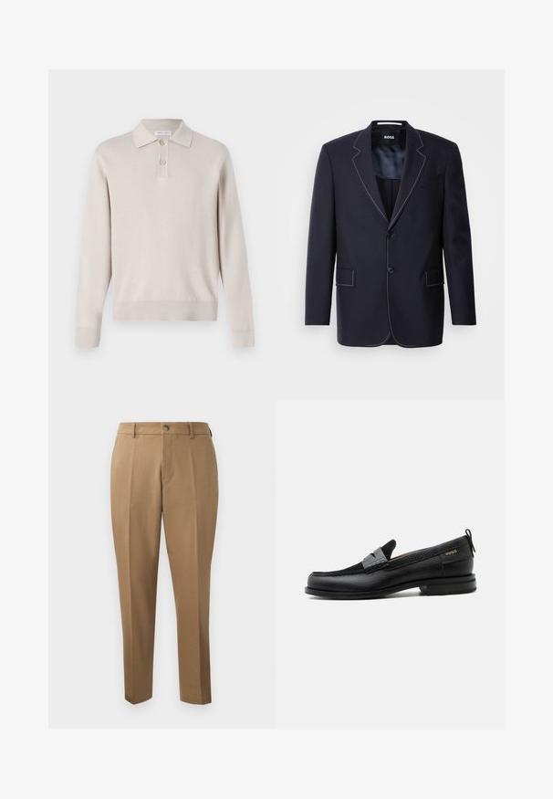 Marineblazer van stof, met contrasterende witte stiksels langs de revers en randen, twee voorkanten zakken en een enkele knoopsluiting.; Lichtbeige poloshirt met lange mouwen, gemaakt van zachte stof. Voorzien van een kraag, een drieknoopsluiting en ribgebreide manchetten en zoom.; Bruine maatwerkbroek met een rechte pasvorm, enkele plooien, riemlussen en een sluiting met een knoop aan de voorkant. Gladde stof met een matte textuur.; Zwarte leren loafer met grijs riemdetailelement, lage hak en gestructureerde zool, aan de zijkant gebrandmerkt met "HUGO" in goud.
