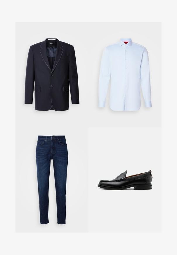 Marineblazer aus Stoff, mit kontrastierendem weißen Nähten an den Revers und Kanten, zwei Fronttaschen und einem Ein-Knopf-Verschluss.; Helleblaue Langarmbluse mit Button-Down-Kragen, abgerundetem Saum und weißen Knöpfen. Glattes Material mit einem subtilen Glanz.; Dunkelblaue Jeans aus Denim mit geradem Bein, ausgestattet mit Taschen und einem Knopfverschluss an der Taille. Weiche Textur, minimale Ausbleichungen.; Schwarzer Leder-Herrenschuh mit Mokassinnaht, Penny-Riemen, strukturiertem Kragen und niedrigem gestapeltem Absatz auf weißem Hintergrund.