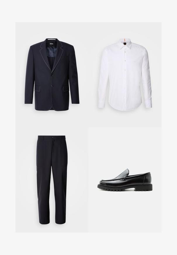 Blazer azul marino hecho de tela, con costuras en blanco que contrastan a lo largo de las solapas y los bordes, con dos bolsillos frontales y un cierre de un solo botón.; Camisa blanca de manga larga y corte clásico, hecha de algodón, que presenta un cuello clásico, un logo sutil cerca del pecho y botones blancos.; Pantalones oscuros de navy, confeccionados en un tejido suave, con un diseño de pierna recta, dos bolsillos laterales y un cierre de botón en la cintura.; Mocasín de cuero negro con suela de goma gruesa, empeine cosido y nombre de la marca en relieve en el talón, mostrado en perfil lateral sobre fondo blanco.