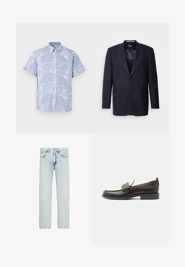 Marineblazer van stof, met contrasterende witte stiksels langs de revers en randen, twee voorkanten zakken en een enkele knoopsluiting.; Korte mouw button-up shirt van lichtblauwe stof, met een witte bloemenpatroon en een borstzak met een logo label.; Lichtblauwe high-rise jeans met rechte pijpen, subtiel vervaagd en een vooraan knoop- en ritsluiting.; Donkerbruine leren herenloafer met crèmekleurig stoffen paneel en klassiek doorgestikt riemdetail, platte zool en trekhaak bij de hak.