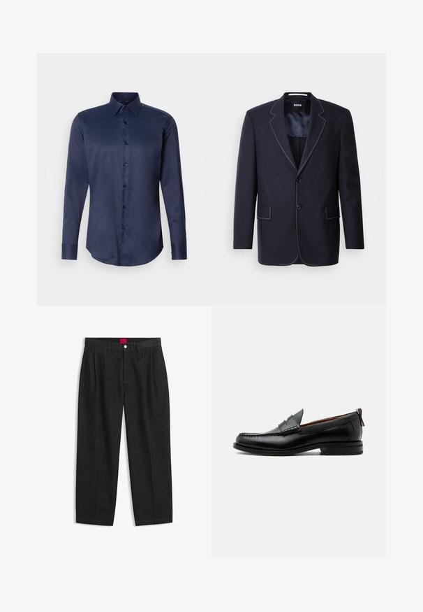 Blazer azul marino hecho de tela, con costuras en blanco que contrastan a lo largo de las solapas y los bordes, con dos bolsillos frontales y un cierre de un solo botón.; Camisa de vestir de manga larga para hombre en azul marino, con cuello puntiagudo y cierre frontal de botones, presentada sobre un fondo blanco liso.; Pantalones negros de talle alto con pliegues delanteros, trabillas para cinturón, cierre con botón y cremallera, y una etiqueta roja en el interior de la cintura.; Mocasín de hombre de piel negra con costura moc toe, tira penny, cuello texturizado y tacón bajo apilado sobre fondo blanco.