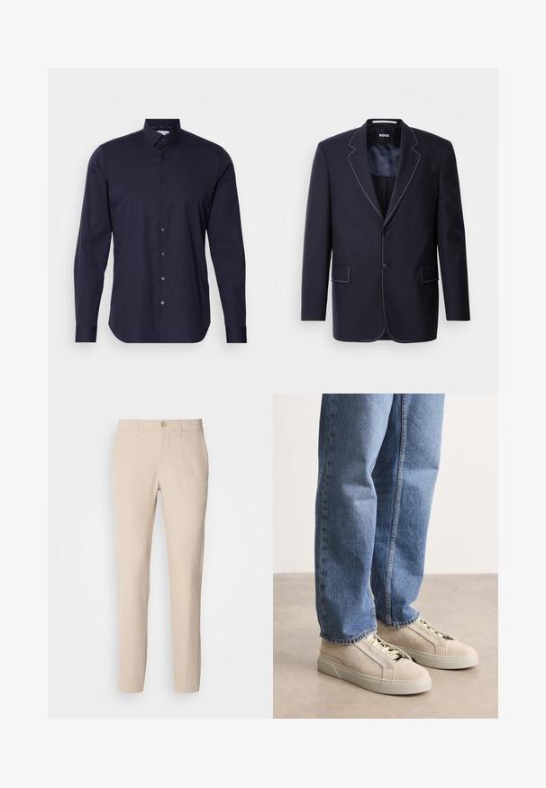 Marineblazer van stof, met contrasterende witte stiksels langs de revers en randen, twee voorkanten zakken en een enkele knoopsluiting.; Marineblauwe overhemd met lange mouwen, klassieke kraag en een slanke pasvorm. Gemaakt van een gladde stof met een subtiele logo op de borst.; Beige broek van zachte stof, met knoopsluiting, rechte snit en zijzakken. Glad oppervlak met minimale stikdetails.; BOSS GARYTENN_SDHDEL - Sneakers laag - natural ten