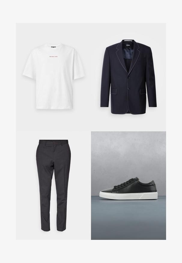 Marineblazer lavet af stof, med kontrasterende hvid stikning langs revers og kanter, to forlommer og en enkelt knaplukning.; Hvid kortærmet t-shirt med rund hals og lille rød "MICHAEL KORS" tekst centreret på brystet.; Grå skræddersyede bukser med en glat tekstur, slim fit og tapered ben, der har en flad front og bæltestropper for ekstra detaljer.; Sorte lædersneakers med rund tå, tekstureret overflade, hvid gummisål og sorte snørebånd. Minimalistisk design med en slank profil.