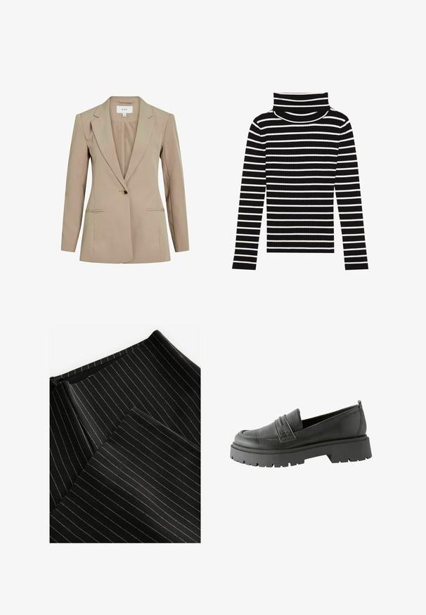 Beige skræddersyet blazer med en enkelt knaplukning, slåede klapper, to frontlommer og lange ærmer. Fremstillet af glat, letvægtsmateriale.; Stribet sort/hvid turtleneck sweater, ribbet tekstur, tætsiddende design, lange ærmer, høj krave, jævn afstand mellem striberne.; Sort stof med lysegrå striber. Har en glat tekstur. Indeholder en foldet søm og en skjult lynlås. Rene, skræddersyede linjer.; Sorte læder loafers med en tekstureret overflade, fremtrædende syning og en tykk sort gummisåle med mønster.