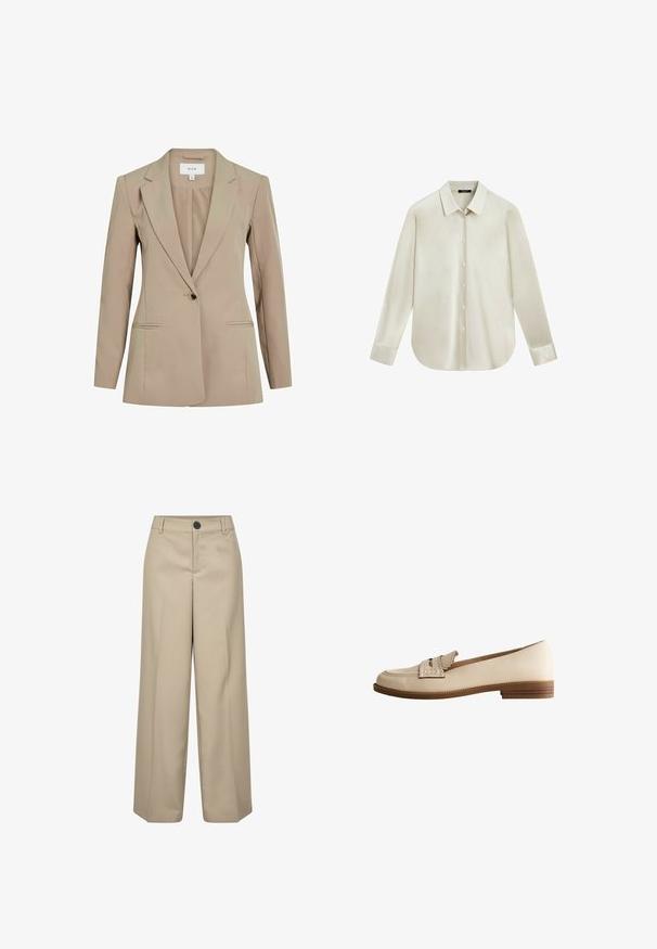 Beige skræddersyet blazer med en enkelt knaplukning, slåede klapper, to frontlommer og lange ærmer. Fremstillet af glat, letvægtsmateriale.; Langærmet cremefarvet skjorte med knapper, spidse kraver og afrundet kant, vist på hvid baggrund.; Beige højtaljede bukser med brede ben, en enkelt frontknap, bæltestropper og pressede folder. Glat tekstur og skræddersyet silhuet.; Beige læderloafer med bølget stropdetalje og lav stablet træhælkappe, sidevisning på hvid baggrund.